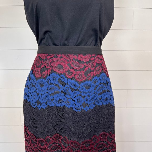 Karl Lagerfeld Blue, Black & Maroon Lace Midi Pencil Skirt Size 8 - Picture 3 of 9